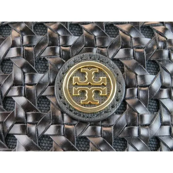 $525 TORY BURCH ROBINSON BLACK BASKET WOVEN LEATHER LOGO SATCHEL TOTE HANDBAG